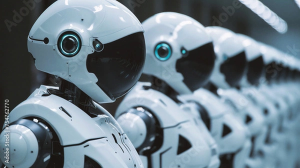 Fototapeta Group of robots lined up in a row