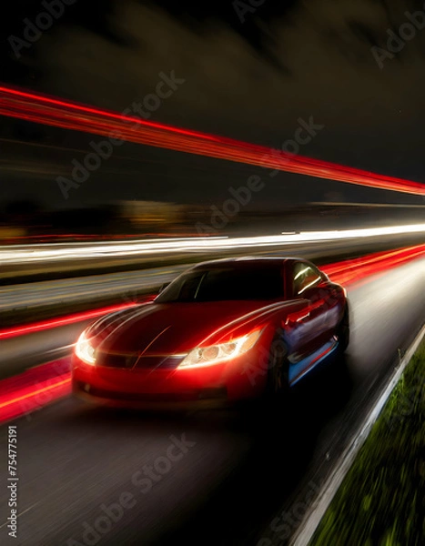 Fototapeta Red Business car on high speed in turn and high-speed highway with motion speed.