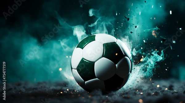 Fototapeta Soccer ball with fire on a dark background, a bright flame symbol background