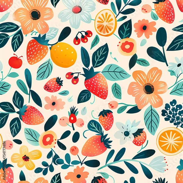 Fototapeta Pattern flower and fruit are seamless, colorful, wallpaper. Patterns design
