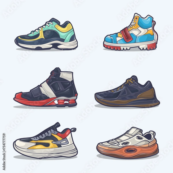 Obraz Set collection of shoe cartoon icons, Vector Concept Flat design. Vector illustration Sneakers in flat style. vector sneaker shoes side view.