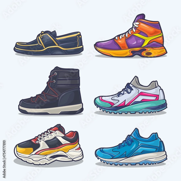 Obraz Set collection of shoe cartoon icons, Vector Concept Flat design. Vector illustration Sneakers in flat style. vector sneaker shoes side view.