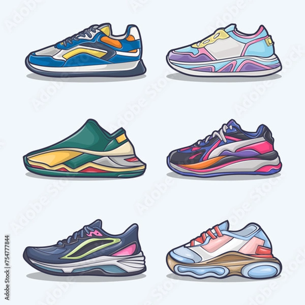 Obraz Set collection of shoe cartoon icons, Vector Concept Flat design. Vector illustration Sneakers in flat style. vector sneaker shoes side view.