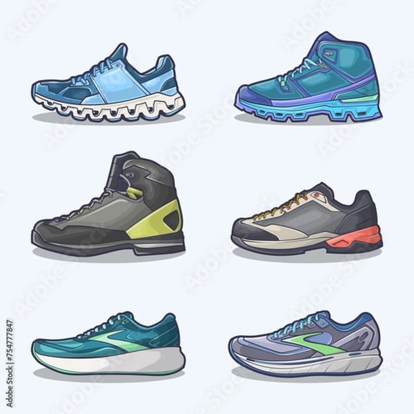 Obraz Set collection of shoe cartoon icons, Vector Concept Flat design. Vector illustration Sneakers in flat style. vector sneaker shoes side view.