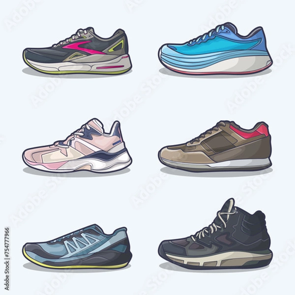 Obraz Set collection of shoe cartoon icons, Vector Concept Flat design. Vector illustration Sneakers in flat style. vector sneaker shoes side view.