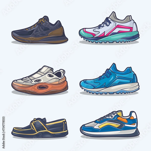 Obraz Set collection of shoe cartoon icons, Vector Concept Flat design. Vector illustration Sneakers in flat style. vector sneaker shoes side view.