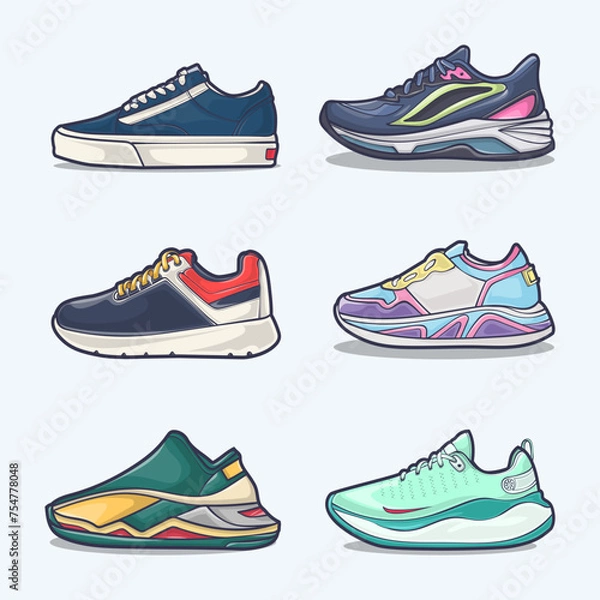 Obraz Set collection of shoe cartoon icons, Vector Concept Flat design. Vector illustration Sneakers in flat style. vector sneaker shoes side view.