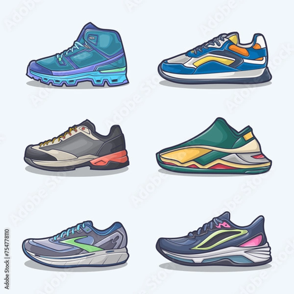Obraz Set collection of shoe cartoon icons, Vector Concept Flat design. Vector illustration Sneakers in flat style. vector sneaker shoes side view.