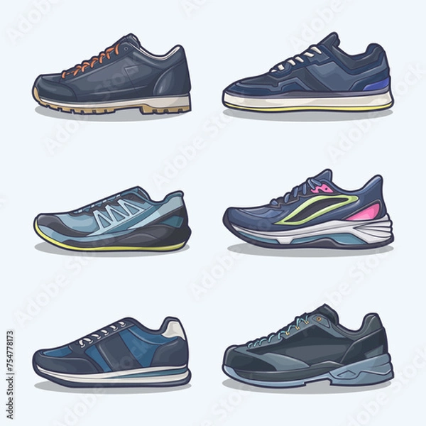 Obraz Set collection of shoe cartoon icons, Vector Concept Flat design. Vector illustration Sneakers in flat style. vector sneaker shoes side view.
