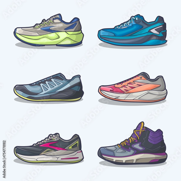 Obraz Set collection of shoe cartoon icons, Vector Concept Flat design. Vector illustration Sneakers in flat style. vector sneaker shoes side view.
