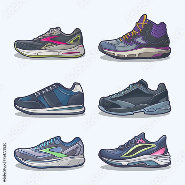Obraz Set collection of shoe cartoon icons, Vector Concept Flat design. Vector illustration Sneakers in flat style. vector sneaker shoes side view.