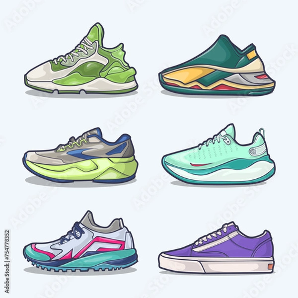Obraz Set of shoe icon cartoon, Vector Concept Flat design. Vector illustration Sneakers in flat style. vector sneaker shoes side view.