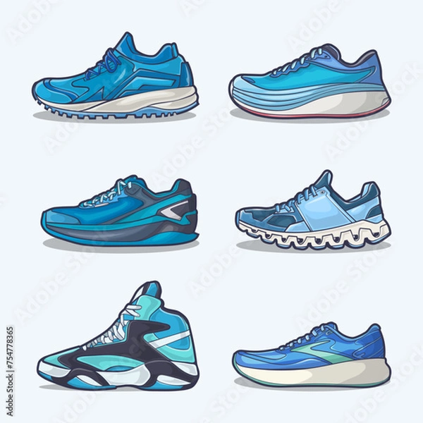 Obraz Set collection of shoe cartoon icons, Vector Concept Flat design. Vector illustration Sneakers in flat style. vector sneaker shoes side view.