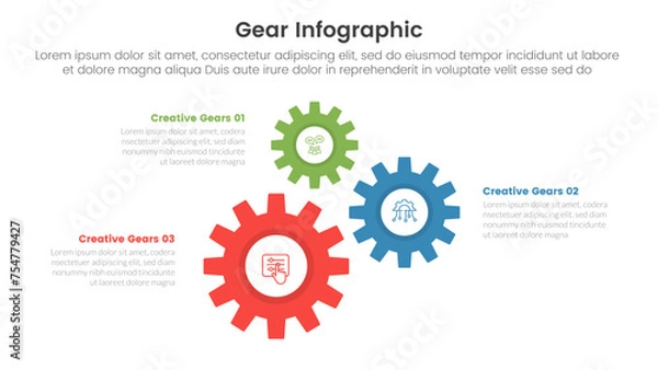 Fototapeta gear cogwheel infographic template banner with unbalance vertical structure with 3 point list information for slide presentation