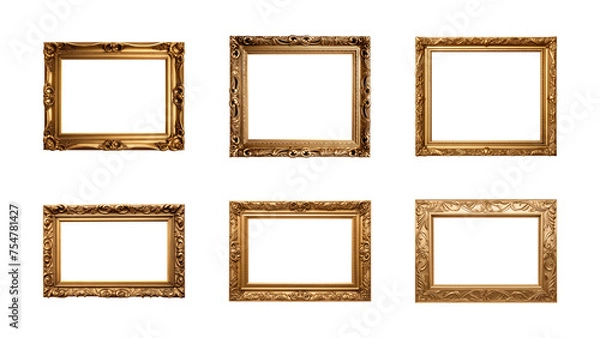 Fototapeta Collection of antique gold picture rectangular frames isolated on a transparent background, PNG