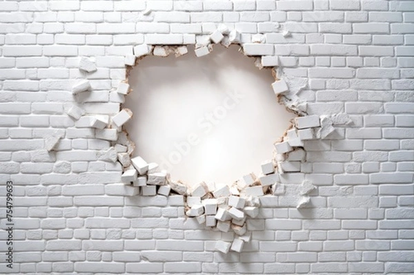 Fototapeta Broken white brick wall with hole in it. Concept of destruction