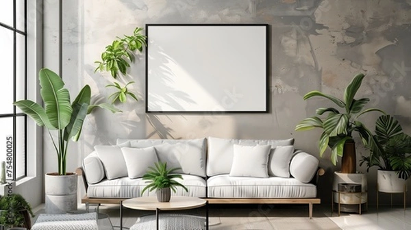 Fototapeta Mockup horizontal poster frame in scandinavian style living room interior, modern living room interior background, white sofa and house plant, coffee table