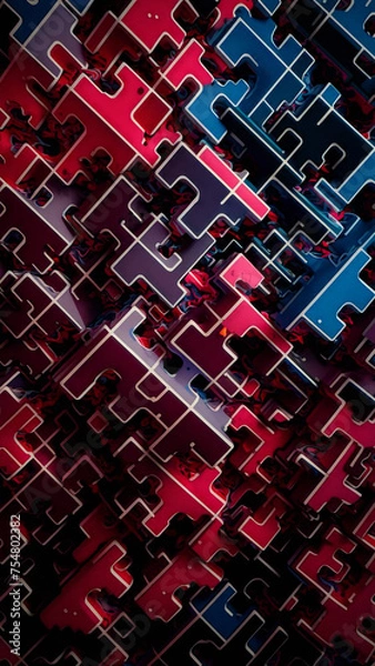 Fototapeta A captivating and abstract digital artwork featuring a vibrant, chaotic scene with a dynamic background composed of sharp, blocky shapes in deep hues of red, blue, and black. Generative Ai