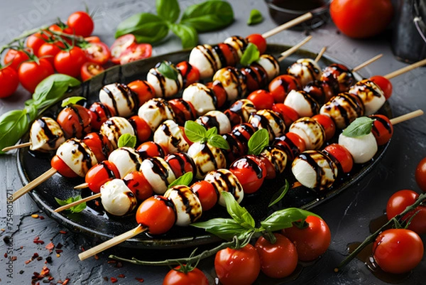 Fototapeta a platter of bite-sized caprese skewers with cherry tomatoes, mozzarella balls, basil leaves, and balsamic glaze