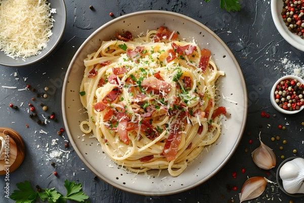 Fototapeta a classic spaghetti carbonara dish featuring al dente pasta tossed in a creamy sauce with crispy bacon bits, grated Parmesan cheese, and freshly ground black pepper