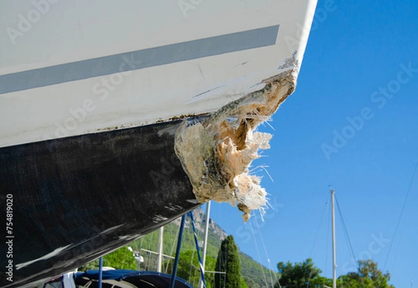 Obraz The bow of the yacht damaged by a collision with rocks