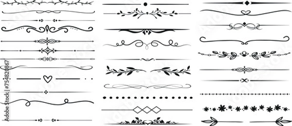 Fototapeta Decorative line borders, elegant design elements. Vector set of ornate patterns for invitations, certificates, documents. Vintage, swirls, flourishes. Black on white, intricate, detailed