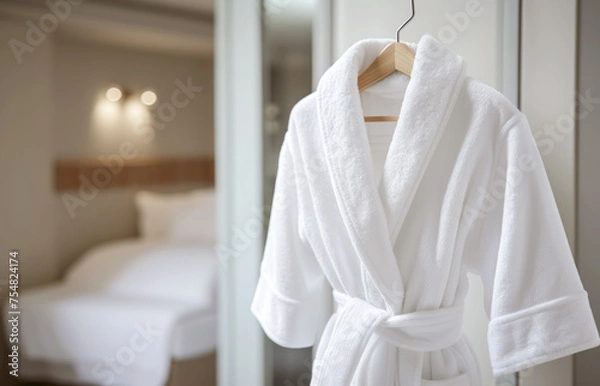 Obraz Close up of soft terry cloth spa bathrobe on the hanger