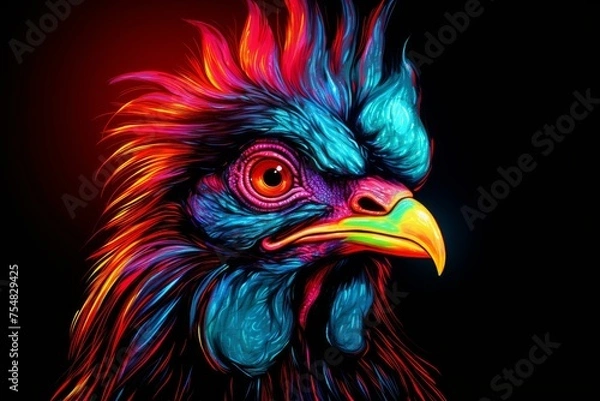 Fototapeta Quirky Neon chicken bird portrait. Wildlife design. Generate Ai