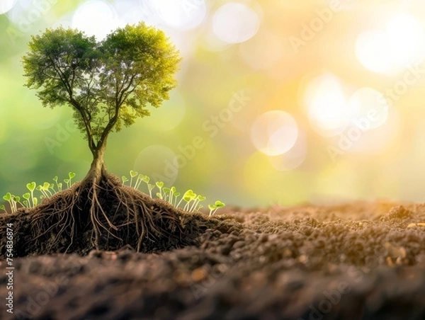 Obraz Tree Root System and Seedlings in Soil, Growth Concept
