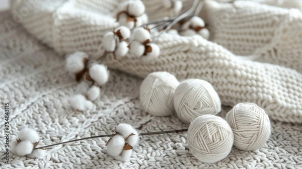 Fototapeta White cotton yarn balls arranged on a textured knit background, accented with cotton branches.
