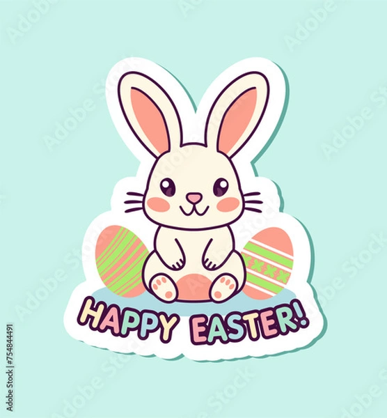 Fototapeta Happy Easter rabbit. Bunny with egg for kids. Rabbit or hare, spring festival animal. Cute bunny sticker. Cartoon holiday decent vector character. Vector illustration on transparent background.