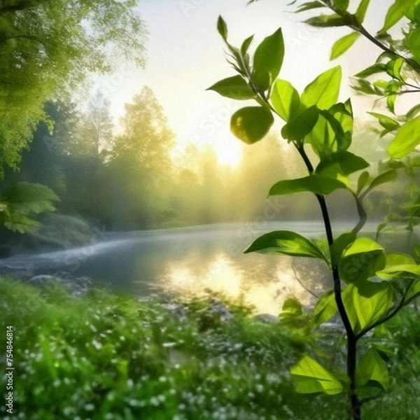 Obraz green forest with sun rays