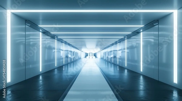 Fototapeta Blue white background, 3D room, light, abstract space technology, tunnel stage floor Futuristic Empty White 3D 