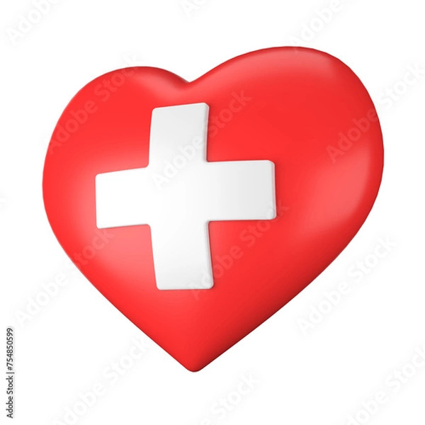 Fototapeta Swiss Heart Medical Icon with Cross: A red heart with a cross symbol, representing health, medicine, and emergency services 3d icon with transparent background