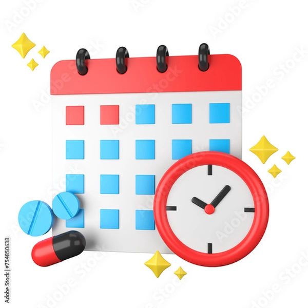 Fototapeta pill Calendar and Clock Icon with Date and Time Reminder Illustration 3d icon with transparent background