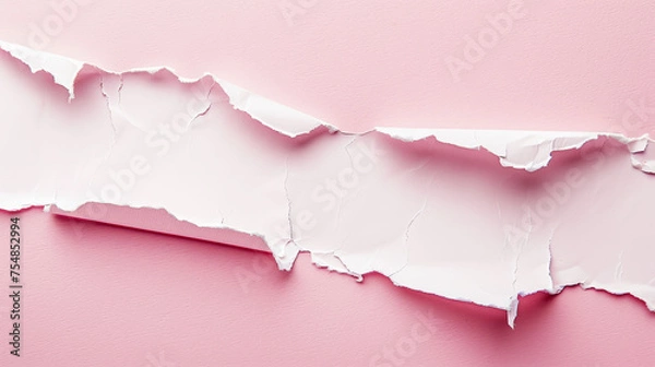 Fototapeta Aesthetically torn white paper on pastel pink backdrop. Announcement concept. Elegant background. Generative AI
