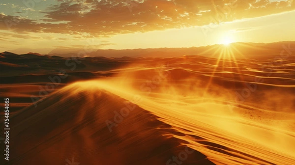 Fototapeta Desert landscape with sand dunes, sultry sun. Extreme adventure concept. Generative AI