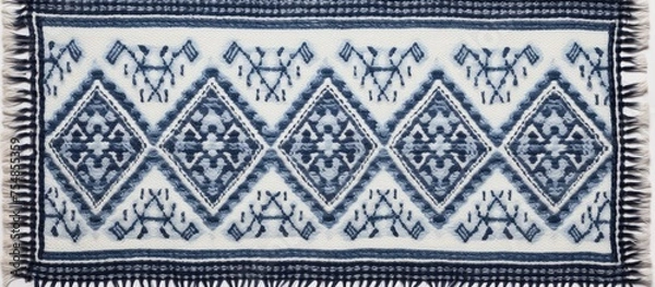 Fototapeta A blue and white blanket with fringes laying flat on a surface, showcasing its intricate design and texture.