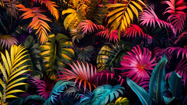 Obraz A colorful jungle scene with many different colored leaves and flowers