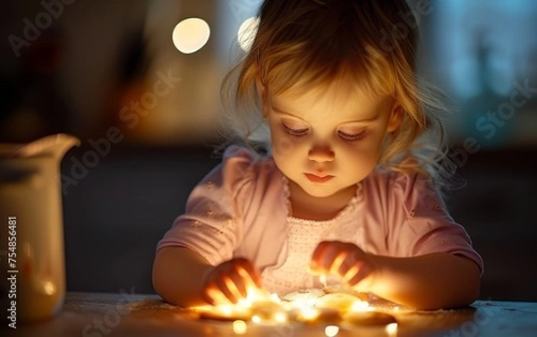 Fototapeta A multiracial little girl sitting at a table, focused on a lit candle in front of her