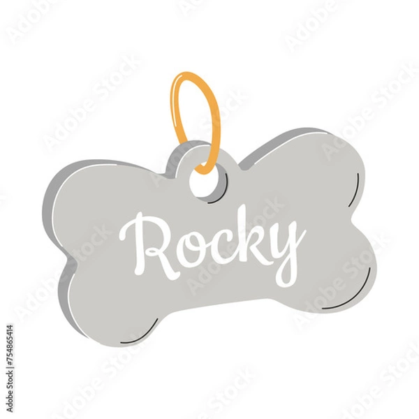 Obraz A personalized pet tag. A bone-shaped tag with an address and a name for dogs. A simple flat vector illustration isolated on a white background.