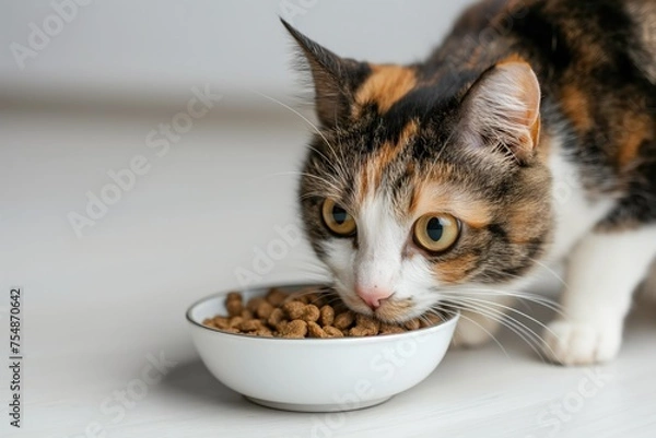 Fototapeta A cat with a bowl of food with shiny eyes, on a white background