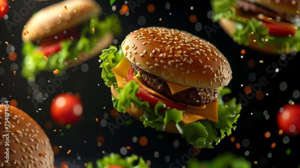 Obraz Wallpaper Background: Succulent Meat Burgers Flying in Bokeh Style against a Black Background, Contrast between Burger Ingredients and the Dark Background, Adding Visual Impact and Appetizing Appeal