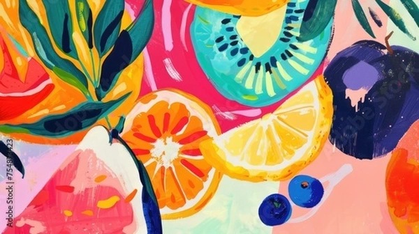 Fototapeta Abstract background with fruits in minimalistic flat hand drawn naive style. Simple tropical summer banner, trendy stylish fashion print, poster