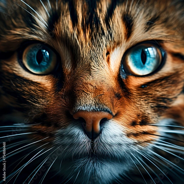 Obraz Abyssinian Cat with Striped Fur and Bright Eyes in Blurred African Savannah Background, created with Generative AI technology