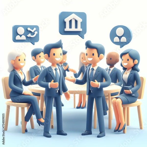 Fototapeta A 3d flat icon of business and financial concept happy Business executives brainstorming marketing strategies and advertising campaigns with isolated white background and business tone