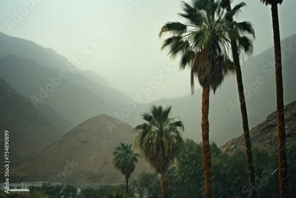 Fototapeta Lush Tropical palm on mountain in rainy weather. Exotic natural tree on dark rain clouds view. Generate ai