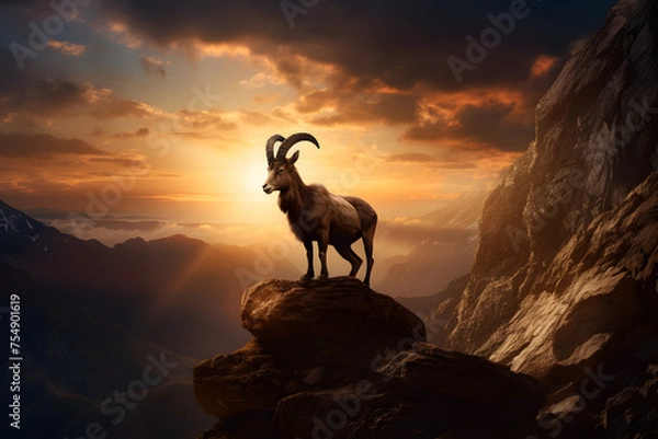 Fototapeta Capricorn standing on a cliff, capricorn on a cliff, capricorn