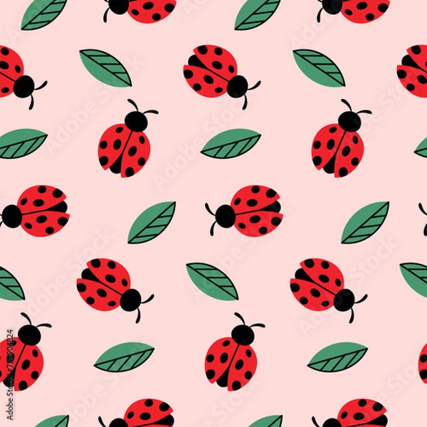 Fototapeta Seamless pattern ladybug flat style and leaves on pink background