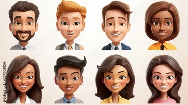 Fototapeta Smiling People Closeup Portrait Set Cute Cartoon Businessman Male and Female Avatars Multi-ethnic Man and Woman Faces Isolated on White Background